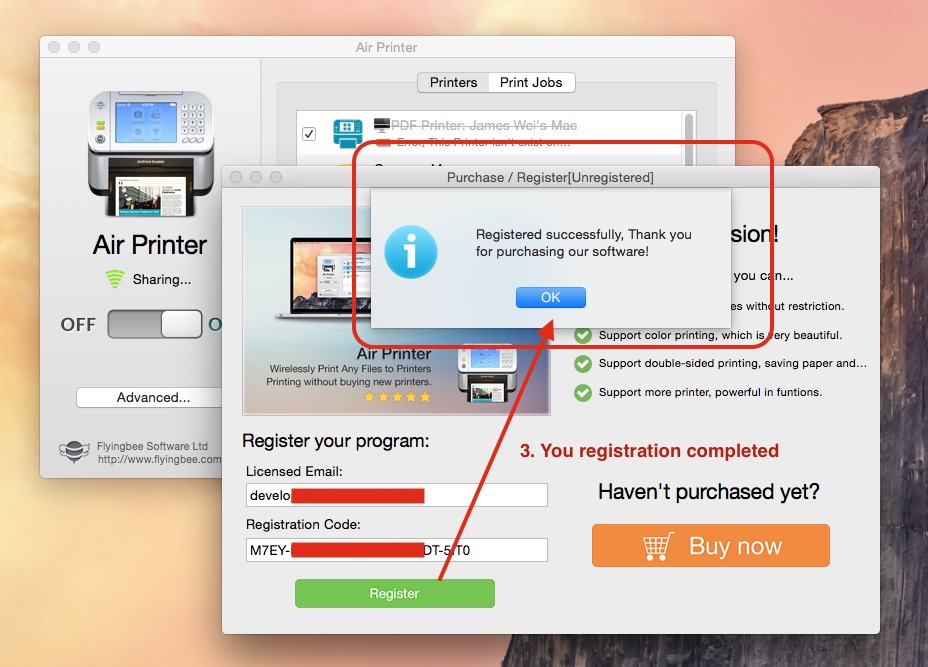 How to register air printer with your licensee code and email